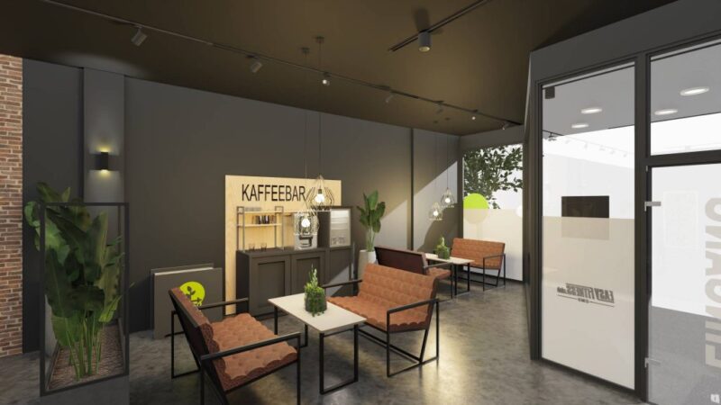 Modernes Café-Interieur mit braunen Sofas und weißen Tischen, Topfpflanzen, Hängelampen und einer Kaffeebar mit der Aufschrift „KAFFEEBAR“ vor einer dunklen Wand. Große Fenster füllen den Raum mit Licht – ein einladender Ort neben dem Fitnessstudio-Franchise.