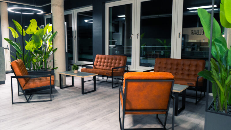 Moderner Loungebereich mit braunen Ledersesseln und Sofas, Holztischen, großen grünen Topfpflanzen und raumhohen Fenstern. Heller, sauberer Raum mit hellem Holzboden und schwarzen Akzenten.