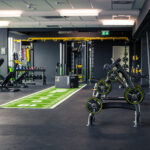 Ein modernes Fitnessstudio mit Gewichthebergeräten, Bänken, Maschinen, einem Hantelständer und einem grünen Kunstrasenstreifen mit weißen Markierungen, alles in einem geräumigen, gut beleuchteten Raum mit schwarzen Böden und Wänden. Ein modernes Fitnessstudio mit Gewichthebergeräten, Bänken, Maschinen, einem Hantelständer und einem grünen Kunstrasenstreifen mit weißen Markierungen, alles in einem geräumigen, gut beleuchteten Raum mit schwarzen Böden und Wänden.