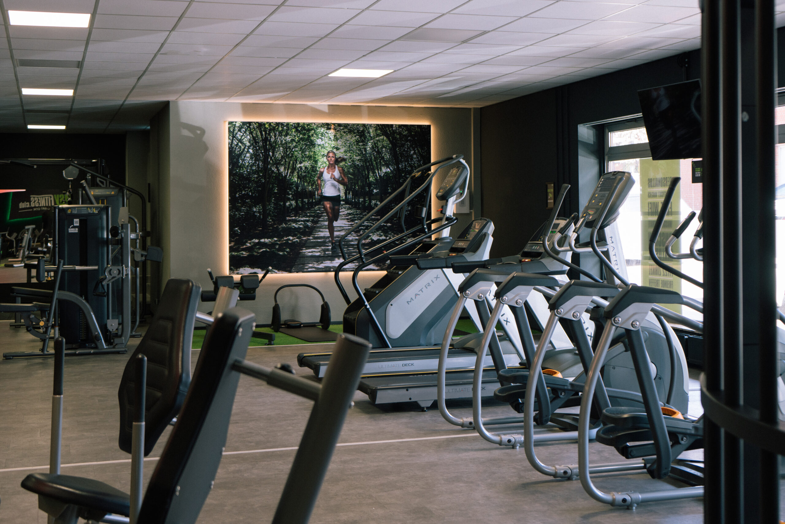 Ein modernes Fitnessstudio mit mehreren Laufbändern und Trainingsgeräten. An der Wand hängt ein großes Foto einer Person, die im Wald joggt. Das Fitnessstudio ist gut beleuchtet – sowohl mit natürlichem als auch mit künstlichem Licht.